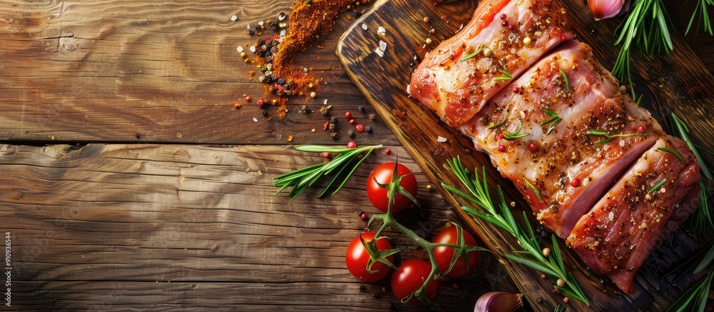 Aufkleber wooden background with a raw pork meat piece and spice marinade suitable for cooking methods like gr