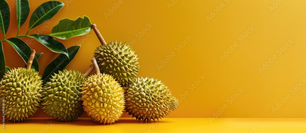 Poster Durian fruit displayed on a yellow backdrop with copy space image