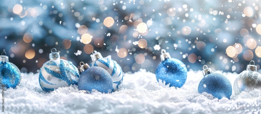 Poster a festive blue and white christmas ornaments are scattered on snow in an abstract background with a 