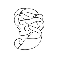 Y2k beautiful romantic woman with long hair portrait tattoo outline icon vector illustration. Elegant feminine lady head monochrome black line groovy emblem beauty female glam t shirt print