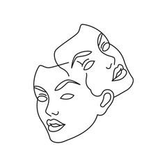 Y2k beautiful woman double gemini twins dual face psychedelic outline icon vector illustration. Abstract beauty female connected facial mask surreal artwork contemporary pop art t shirt print