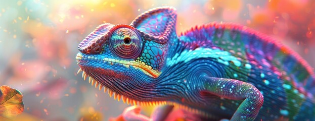 Fototapeta premium Gros plan sur un caméléon, écailles colorées, style fantastique, lumière cinématique, fond sombre, image de bannière pour les médias sociaux.