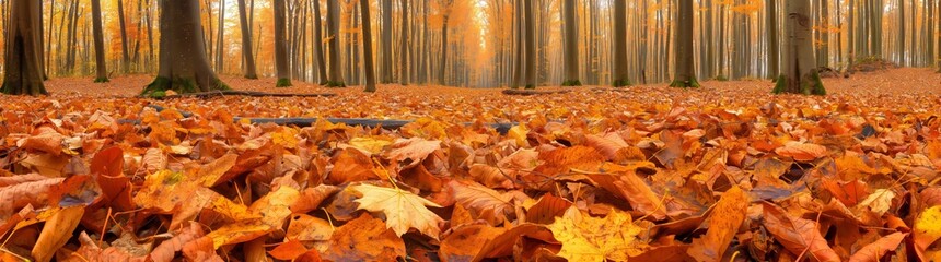 Fototapeta premium An expansive view of the forest ground blanketed in brown autumn leaves, creating a tapestry of warm natural hues in a tranquil setting.