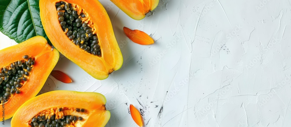 Poster white background with copy space image containing ripe papaya