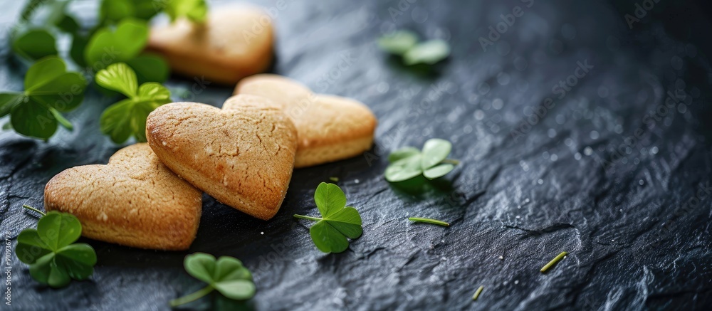 Leinwandbilder heart shaped cookies on a black stone background with a love concept symbol created in a four leaf c