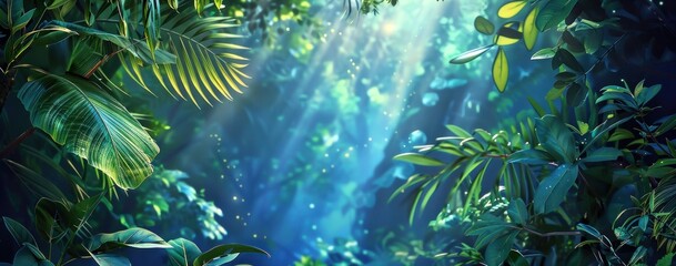 Fototapeta premium Plantes vertes dans la jungle. Illustration dans le style d'une bannière fantastique avec éclats de lumière vive et des rayons de soleil traversant les arbres avec un éclairage doux.