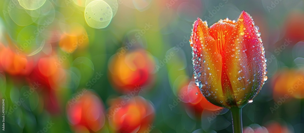 Sticker A vibrant tulip covered in dew set in a field with room for text around it is captured in a photogenic image. Creative banner. Copyspace image