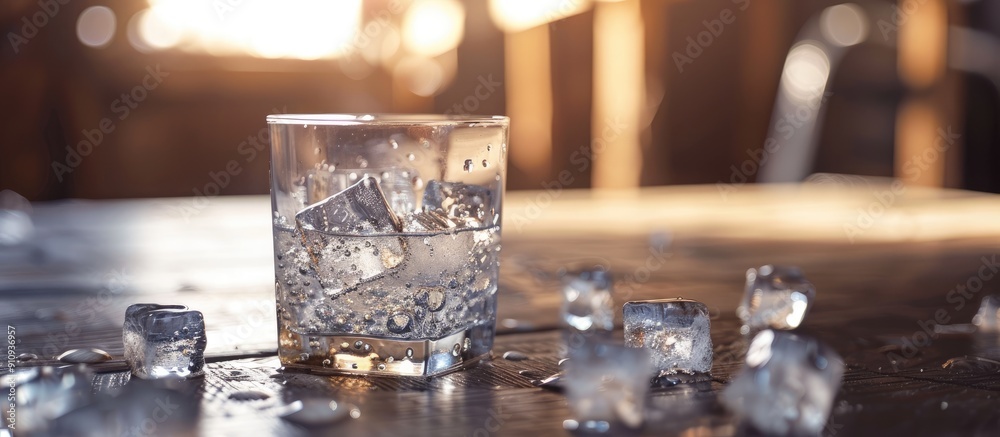 Poster Glass with ice cubes on a table with copy space image