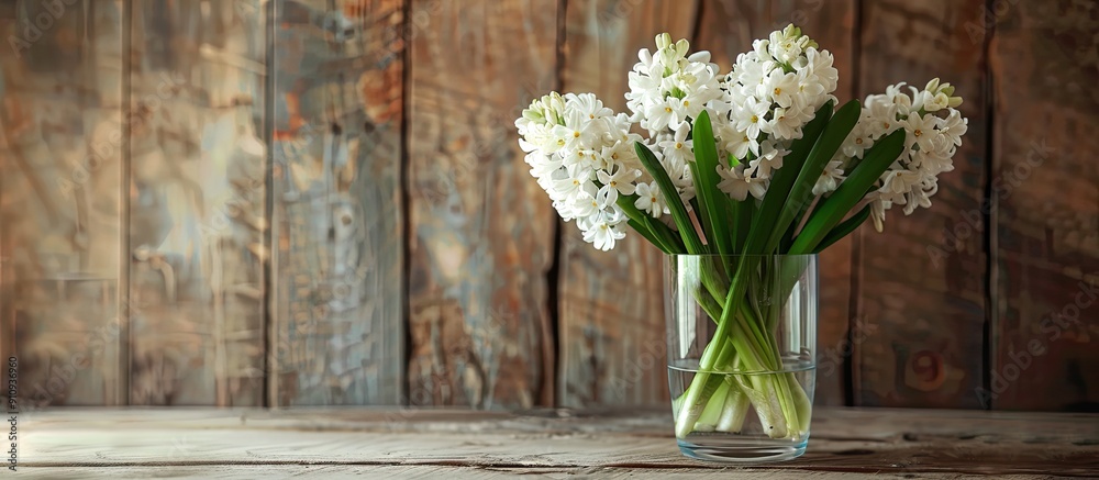 Poster White hyacinths displayed in a transparent vase on a wooden table with a wood background providing substantial copy space image