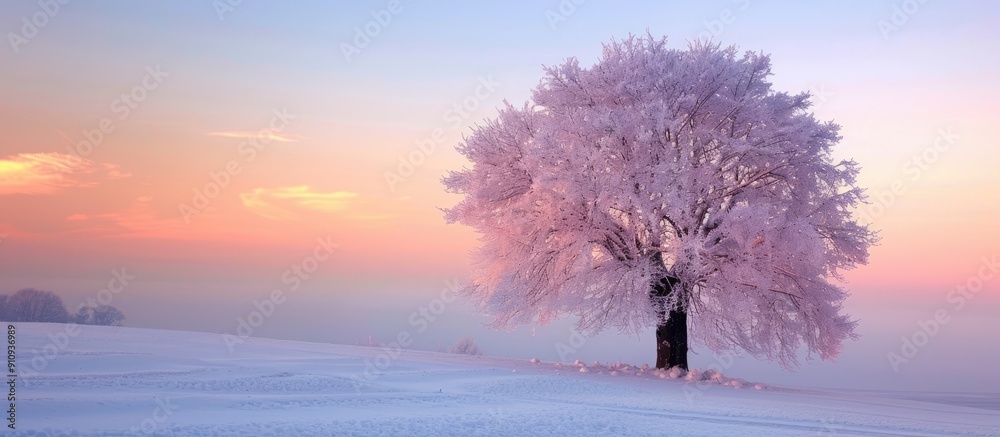 Poster scenic winter landscape with a stunning tree at dusk offering ideal copy space image