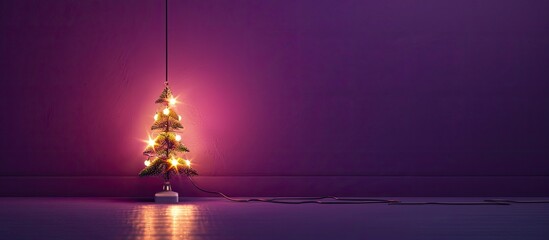 The modern New Year theme is illustrated through a minimalist lamp and cord resembling a Christmas tree on a purple backdrop in contemporary art with a designated copy space image