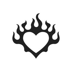 Y2k heart burning fire flame silhouette Valentine black tattoo icon vector flat illustration. Abstract love amour romantic shape flammable blaze neo gothic monochrome creative t shirt print