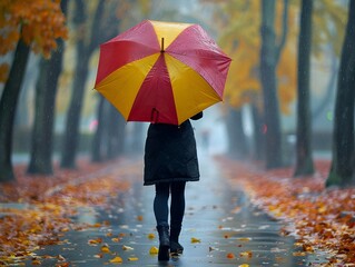 Obraz premium Person Walking with Colorful Umbrella through Autumn Foliage Path