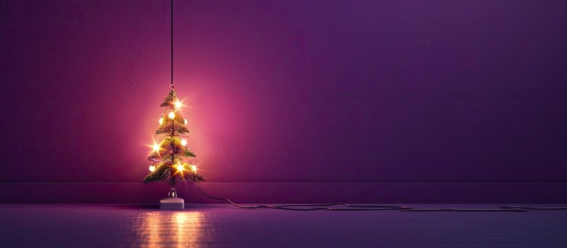 The modern New Year theme is illustrated through a minimalist lamp and cord resembling a Christmas tree on a purple backdrop in contemporary art with a designated copy space image
