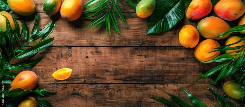 Poster top view of tropical fruits like mango on a wooden backdrop with copy space image