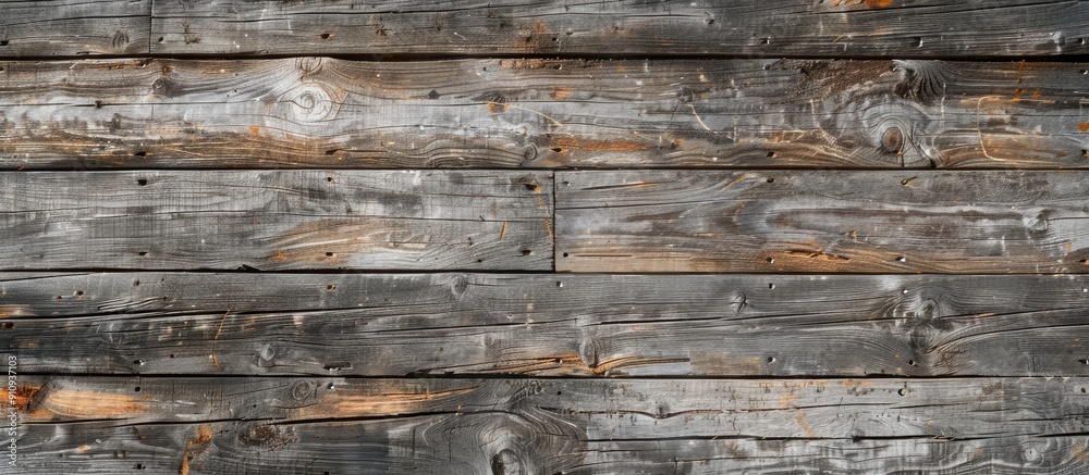 Poster top down view of weathered gray wooden planks offering a textured floor surface in an overhead copy 