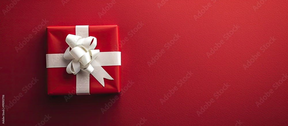 Poster a festive christmas gift box with a white bow on a red backdrop creating a seasonal ambiance in the 