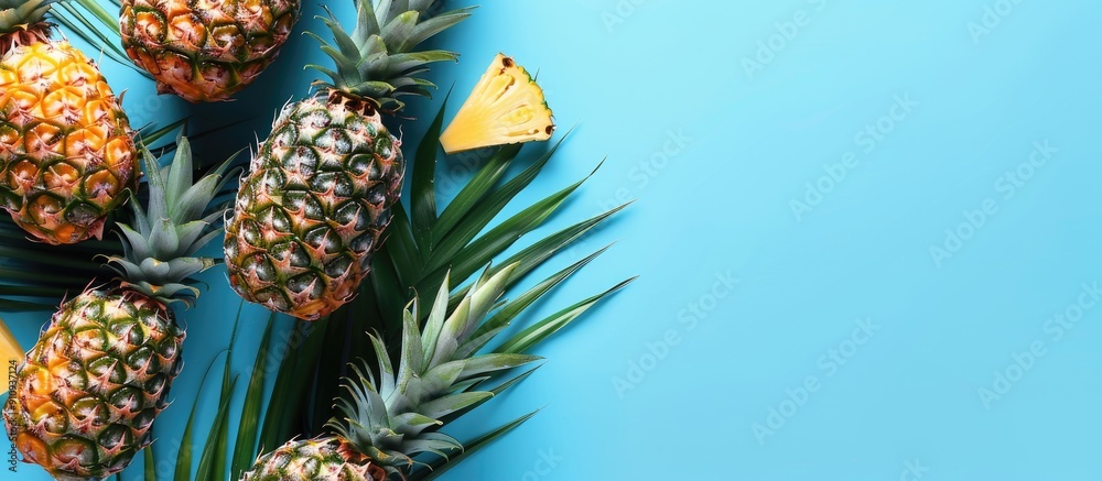Poster Top view of juicy pineapples on a blue backdrop with copy space image available