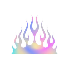 Y2k fire flame metal glamour gradient silhouette icon vector flat illustration. Surreal blaze flammable shape iridescent chrome hologram psychedelic abstract fancy t shirt print