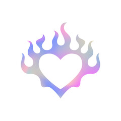 Y2k metal hologram gradient heart fire flame silhouette icon vector flat illustration. Psychedelic pink neon chrome holographic love amour romantic shape flammable blaze trendy t shirt print