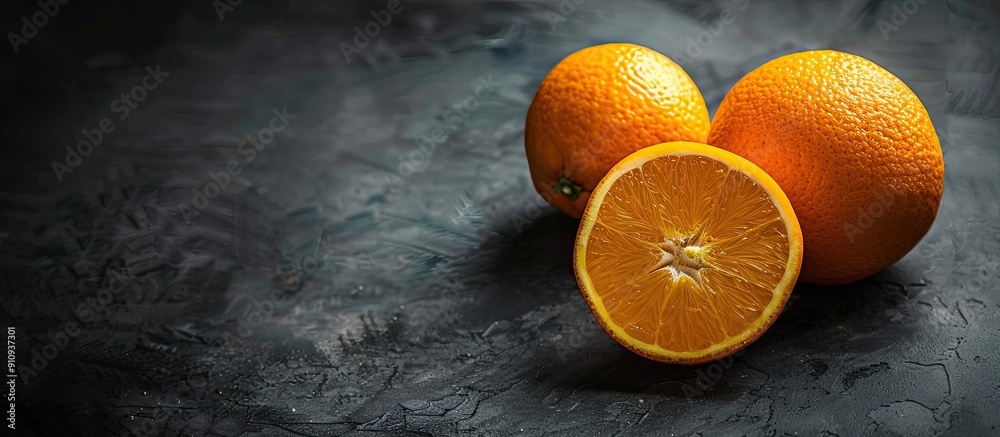 Poster fresh orange on a dark background ideal for healthy food concepts perfect as a copy space image for 