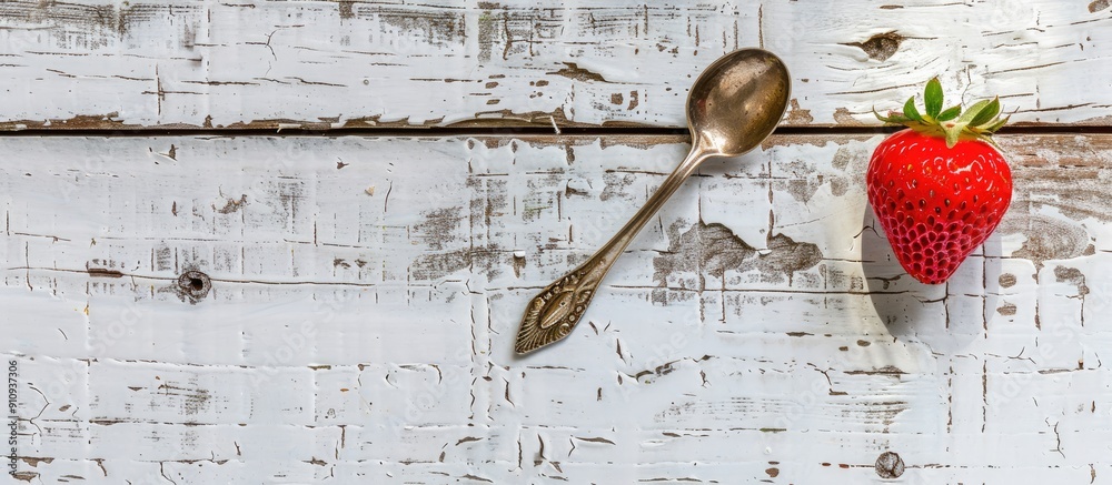 Poster organic food concept with a vibrant red strawberry and a spoon displayed on a rustic white wooden ba