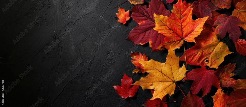 Aufkleber Vivid autumn leaves in red yellow and orange hues such as maple and poplar on a dark background perfect for copy space image
