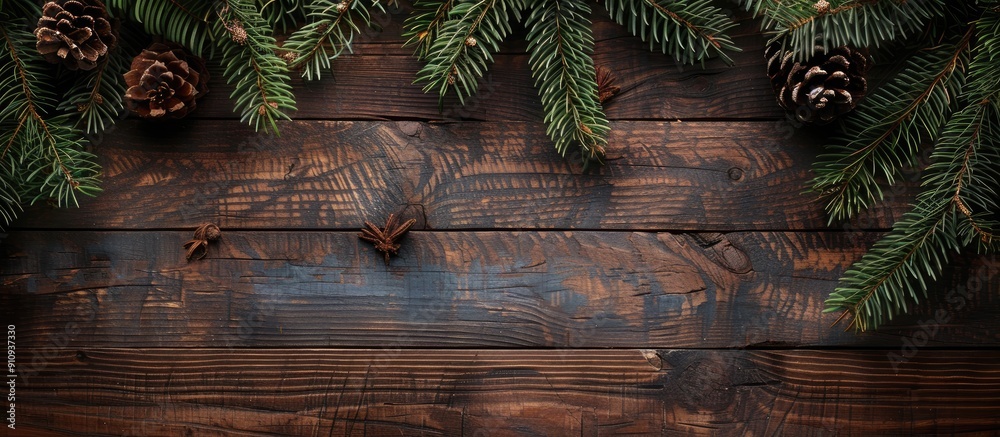 Canvas Prints Wooden background with a Christmas tree branch provides an elegant copy space image