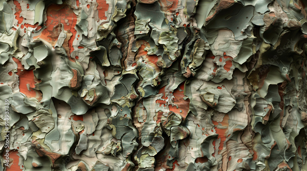 Poster abstract pattern of green and orange colors on rough tree bark