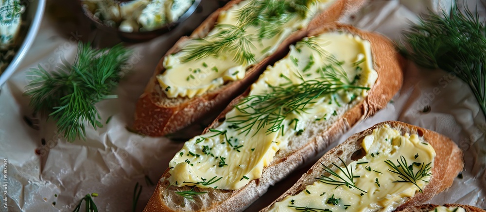 Aufkleber Sliced baguette topped with a spread of butter and dill with a blank space for adding an image. Creative banner. Copyspace image