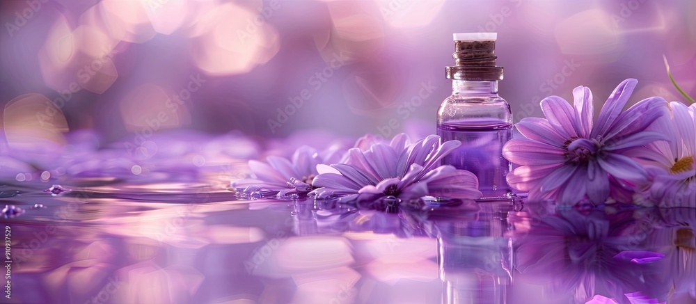 Poster violet flowers and a vial of essential oil create a serene spa ambiance in the background ideal for 