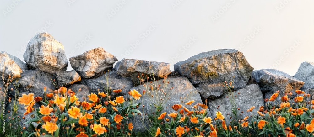 Aufkleber A natural barrier of rocks adorned with vibrant orange flowers creating a refreshing and picturesque scene with copy space image