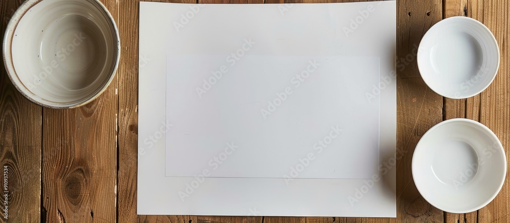 Poster Wooden table with dishes set beside empty note paper allowing for copy space image