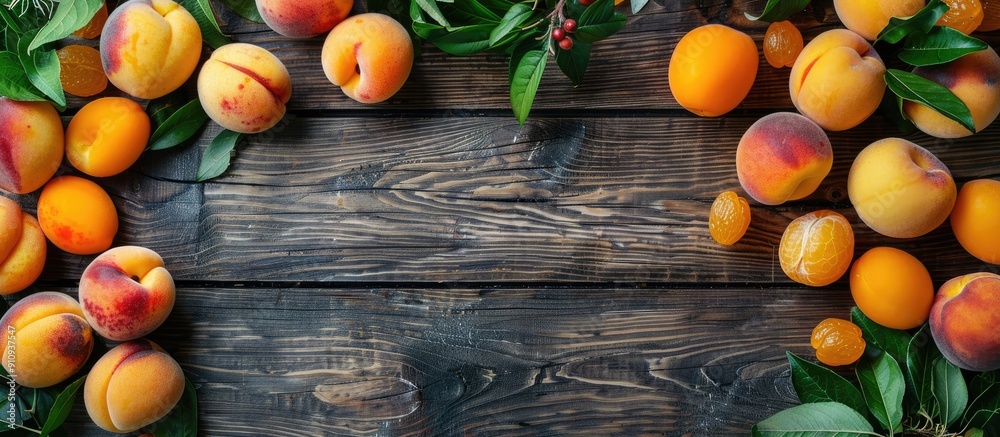 Poster Fresh apricots displayed with leaves on a wooden surface providing copy space image along with other diverse summer fruits all seen from above