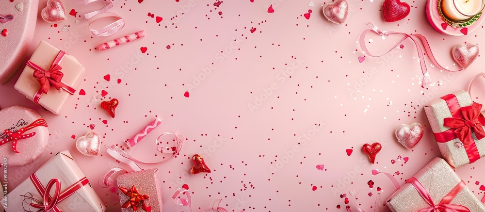 Aufkleber valentine s day themed picture with gifts candles and confetti on a pink background top view with am
