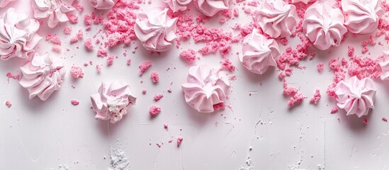 Pink crushed meringues on a white backdrop with copy space image for text focusing on selected details
