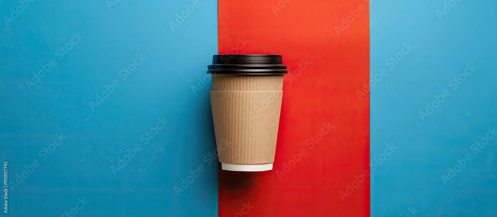 Aufkleber Minimalistic top view image of an empty paper coffee cup on a blue and red backdrop with ample copy space