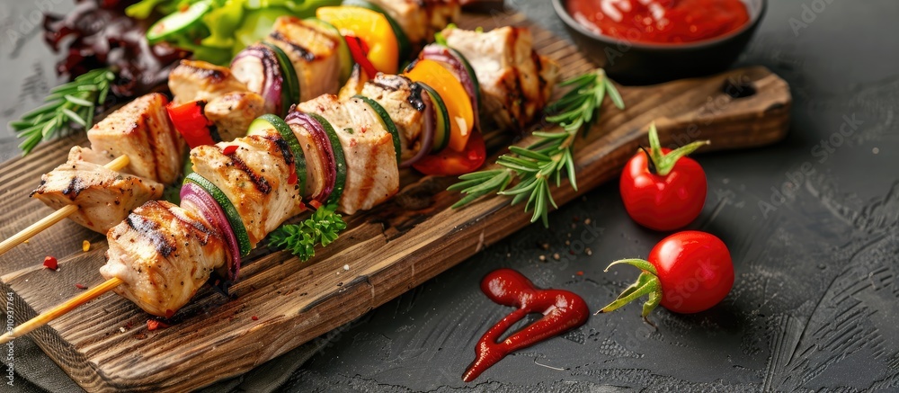 Poster pork shashlik with grilled veggies salad and ketchup on a wooden board in a picturesque setting with