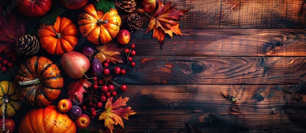 Leinwandbilder top view of a wooden table adorned with autumn pumpkins fruits and fall leaves creating a thanksgivi