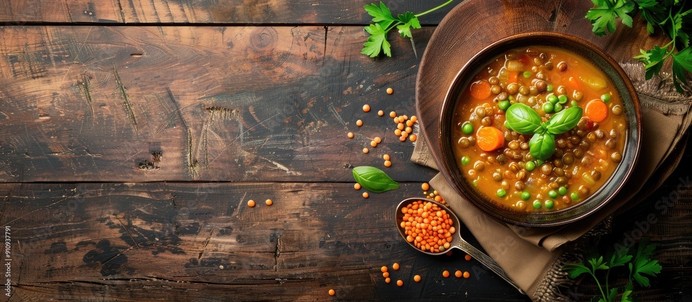 Aufkleber Top view of lentil soup on a rustic vintage table with space for additional images