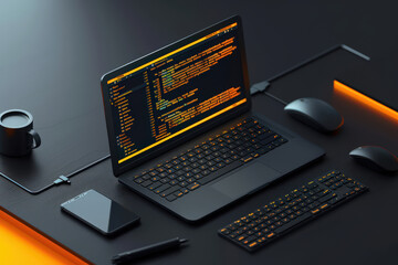 A laptop displaying code on its screen is surrounded by peripherals including a mouse and keyboard, in a sleek and dimly lit workspace, suggesting coding and development environment.