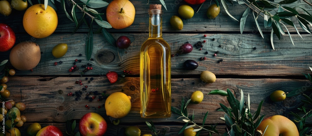 Poster healthy food concept with a bottle of extra virgin olive oil displayed on a wooden table adorned wit