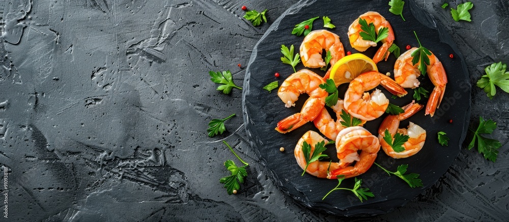 Poster seafood dish of cooked shrimp with parsley and lemon on a sleek black stone plate captured from abov