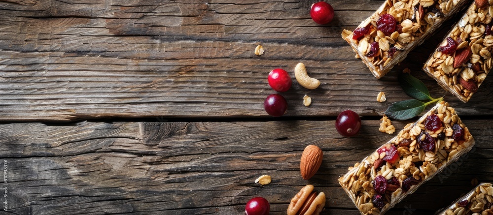 Aufkleber A selection of granola bars with nuts cereals and cranberries is arranged on a wooden table It is a healthy vegan snack option The top view showcases the bars with space for additional content