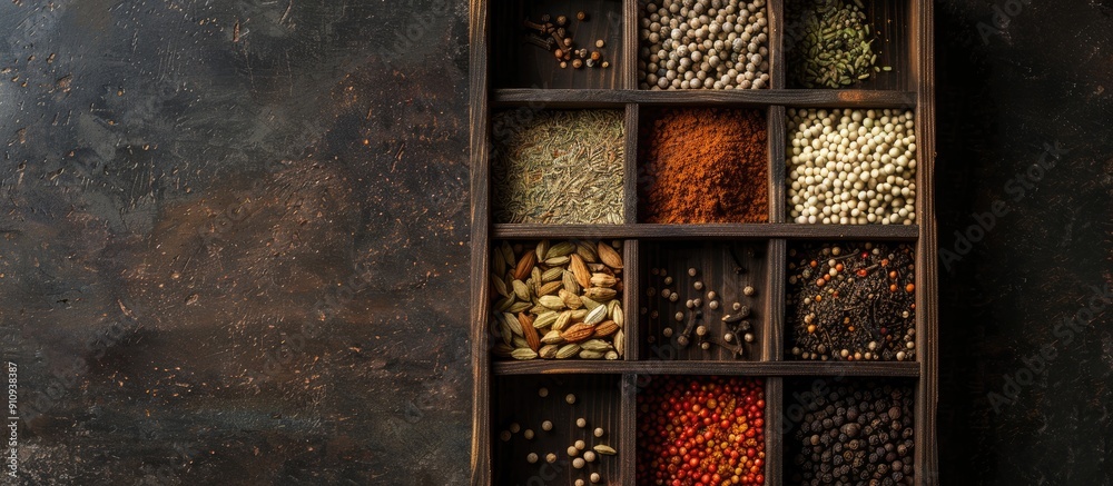 Poster Overhead shot showcasing a variety of spice seeds and powders in a wooden box Plenty of space for adding text or graphics in the image. Creative banner. Copyspace image