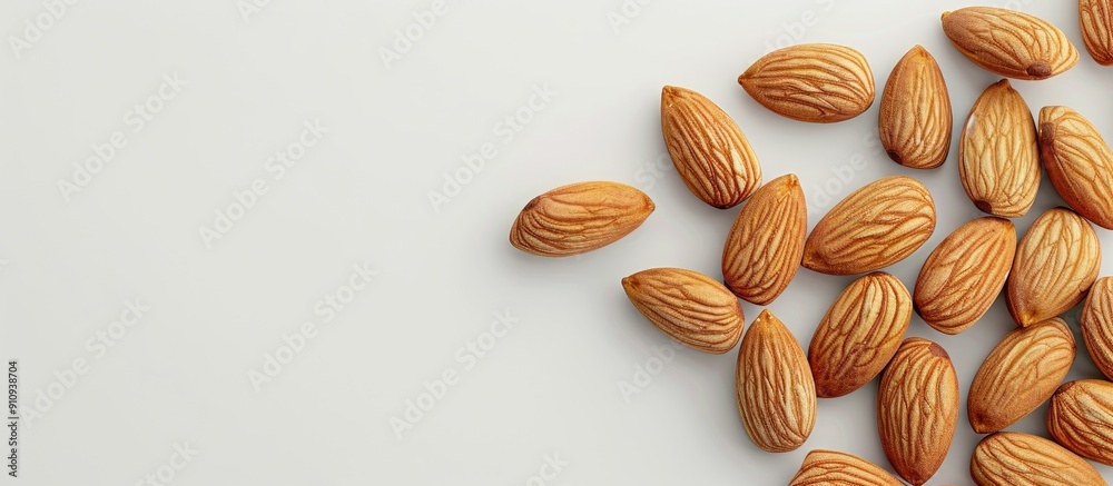 Poster An overhead shot of almond nuts stacked on a white surface with room for text or graphics such as a copy space image