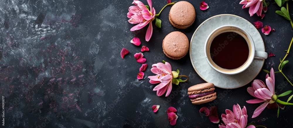 Poster morning indulgence with coffee and macarons adorned by flowers on a dark backdrop ideal for a copy s