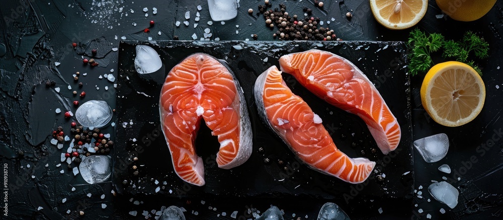 Poster fresh raw salmon and trout steaks displayed on a sleek black slate board with ice salt pepper and le