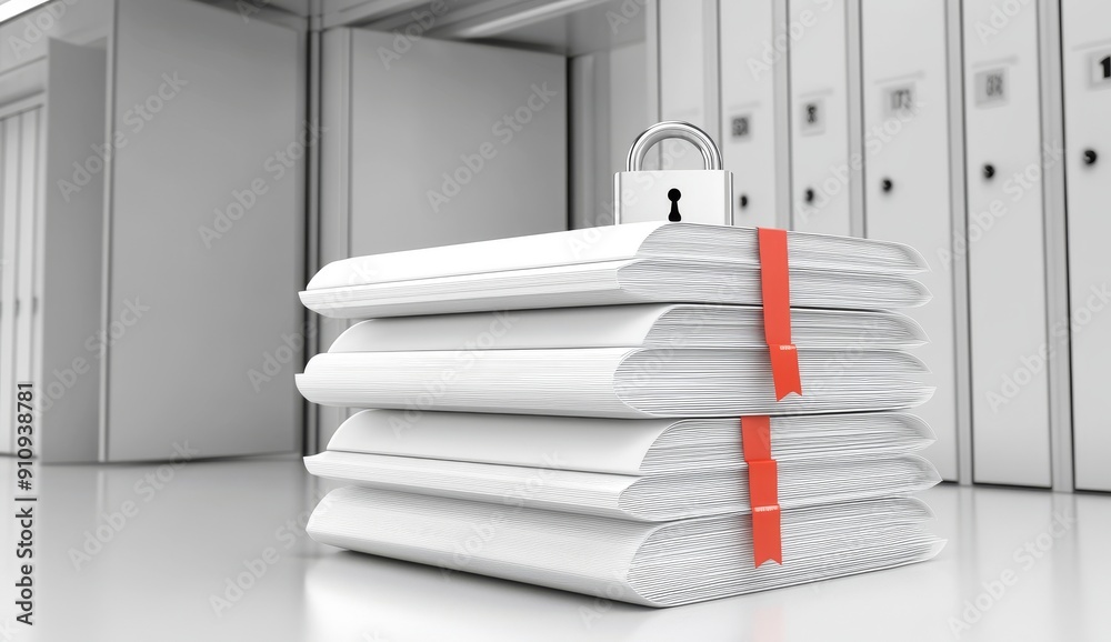 Poster a stack of documents with padlock symbolizing strength through information security