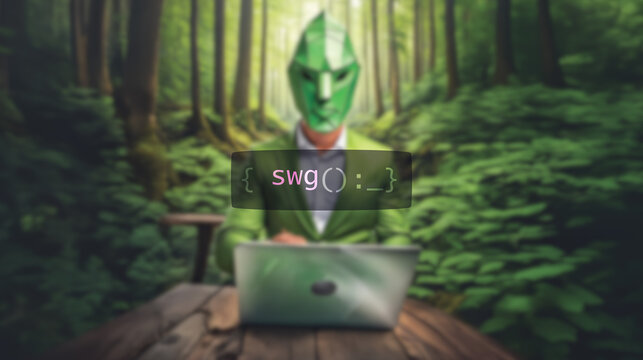 Cybersecurity concept swg on foreground screen, hacker silhouette hidden with low poly style mask. Vulnerability and attack on colored code editor. Text in English, secure web gateway.